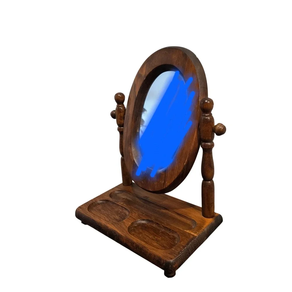 Vintage Wood Oval Vanity Mirror with Jewelry Valet Tray, Tabletop Trinket Holder